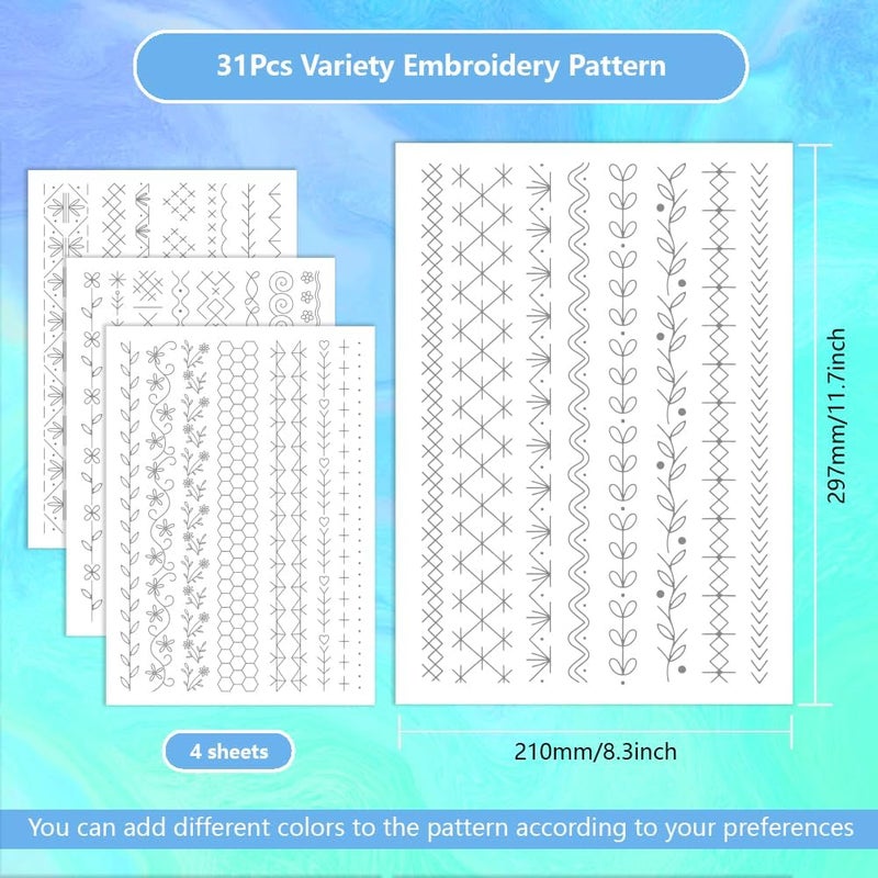 ORIGACH 4 Sheets Water Soluble Embroidery Patterns Stabilizers - 32 Pcs Pre-Printed Simple Lace Borders Motifs Designs - Stick & Stitch Embroidery Paper for Hand Sewing Lovers - Image 2
